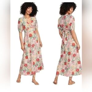 Old Navy Women's L Floral Linen Blend Midi Dress Pink Twist Front Puff Sleeve